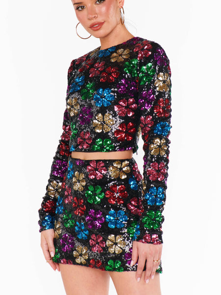 Last Call Top in Flower Pop Multi Sequins