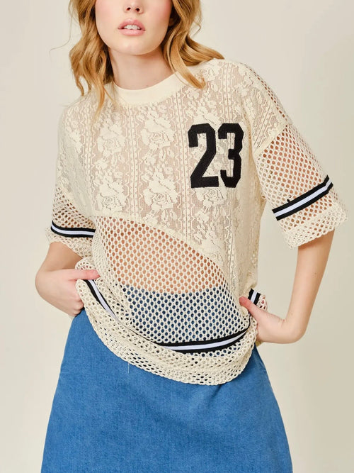 Team Player Crochet Lace Top in Natural