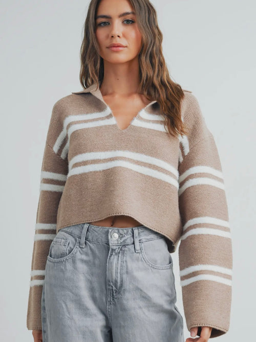 Crop & Roll Sweater in Taupe & Ivory