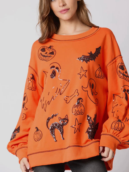 Spooky, Scary, Sequin Sweatshirt in Orange