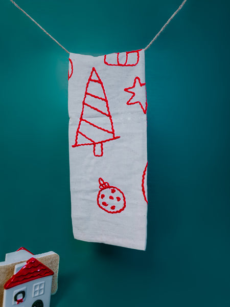 Holiday Embroidered Tea Towel in Burgundy