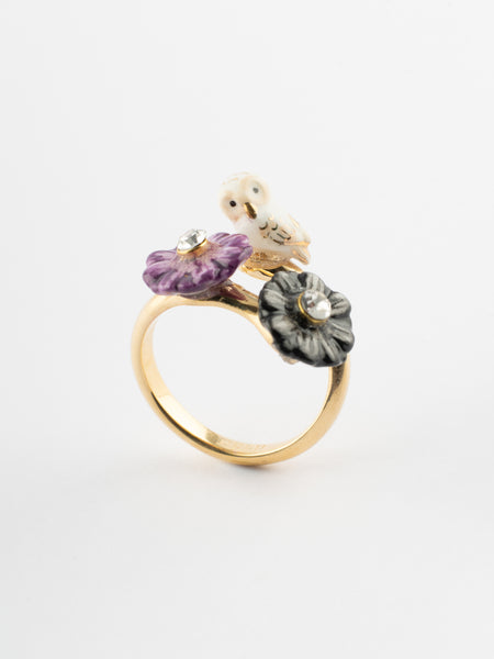 White Owl & Aster Flowers Ring