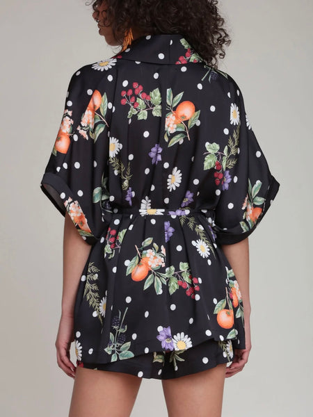Floral Polka Dot Satin Kimono Top in Black
