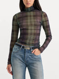 The Mesh Turtleneck in Navy & Green Plaid