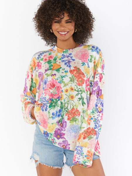Sue Cuffed Sweater in Ivory Botanical Floral Knit