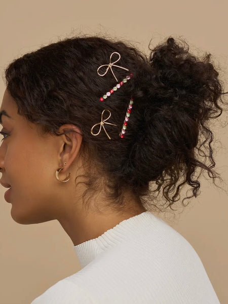 Holiday Gemstone & Bow Bobby Pins 4pc Set