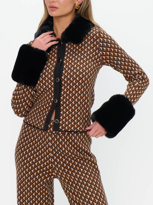 Chateau Cardigan in Camel Geo Knit Faux Fur