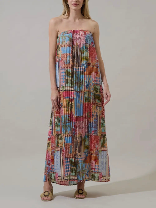 Melani Pleated Maxi Dress in Tropical Blues