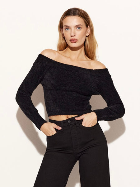 Plush Off Shoulder Long Sleeve in Black