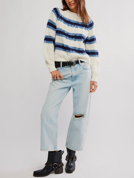 Frankie Cable Striped Pullover in Ivory Combo