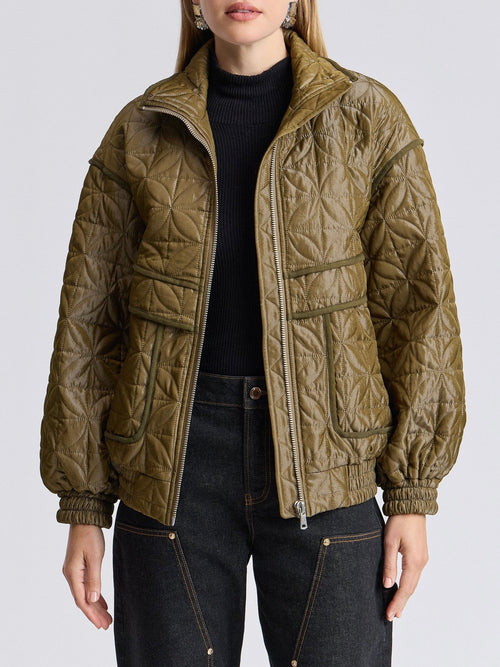 Quilted Funnel Neck Oversized Bomber in Seagrass