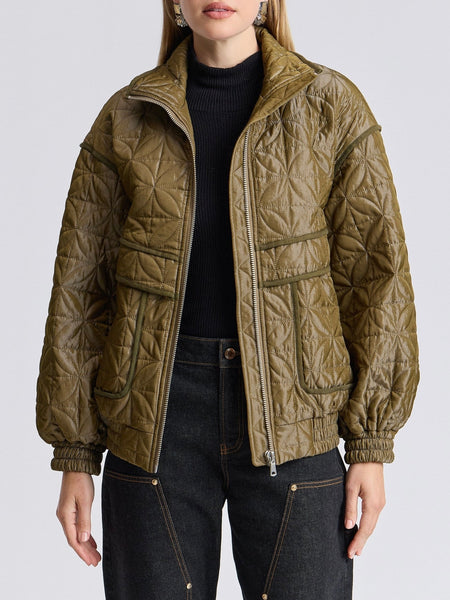 Quilted Funnel Neck Oversized Bomber in Seagrass