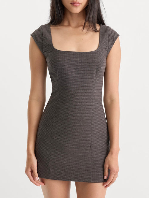 The Cap Sleeve Mini Dress in Charcoal Houndstooth