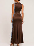 In Outer Lace Maxi Dress in Chocolate & Blue