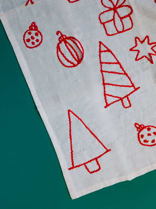 Holiday Embroidered Tea Towel in Red