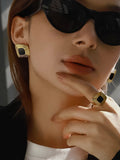 Solenne Enamel Square Earrings in Black