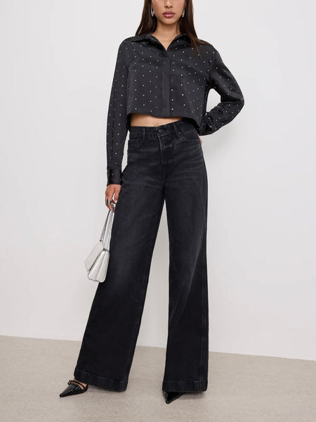 Crystal Cropped Satin Shirt in Black