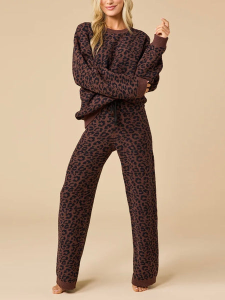 Marshmallow Leopard Crew Neck Lounge Set in Wild Espresso