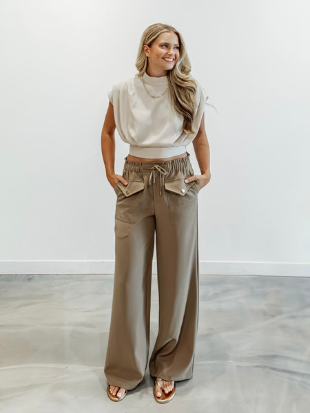 Utilitarian Twill Wide Leg Pants in Mocha