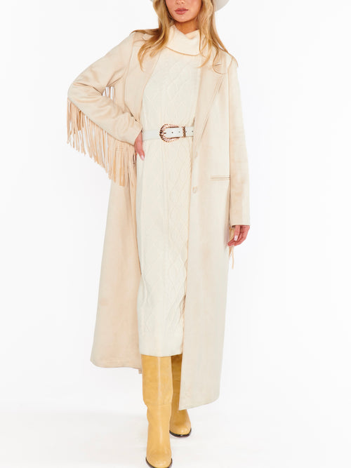 Sierra Fringe Maxi Jacket in Cream Faux Suede