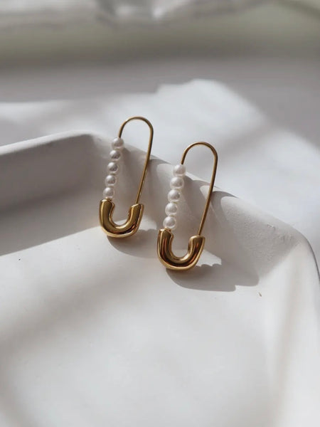 Safety Pin Pearl Earrings