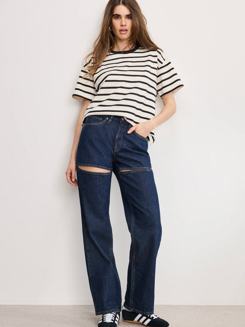 Cotton Oversized Tee in Black & Ecru Stripe
