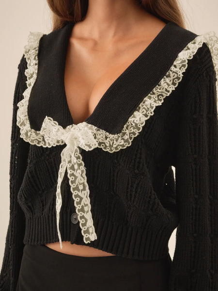 Frenchy Pointelle Knit Cardigan in Black