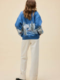 Alpine Ski Scene Oversized Crew Sweatshirt in Denim