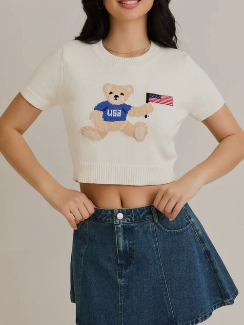 USA Teddy Bear Knit Top in White