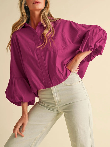 Just A Pop Button Up in Fuchsia