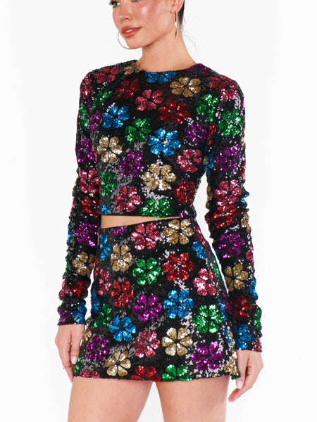 Last Call Top in Flower Pop Multi Sequins