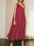 Pretty Pleats One Shoulder Dress in Magenta Rose