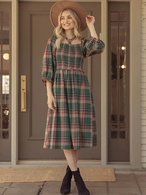 A Classic Christmas Plaid Dress in Green