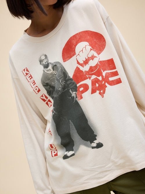 Tupac Keep Ya Head Up Long Sleeve Merch Tee in Dirty White