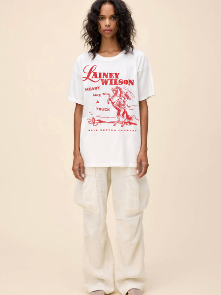 Lainey Wilson Bell Bottom Country Merch Tee in Vintage White