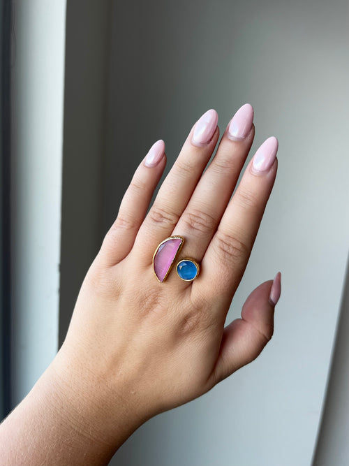 Crescent Moon Ring in Pink & Blue