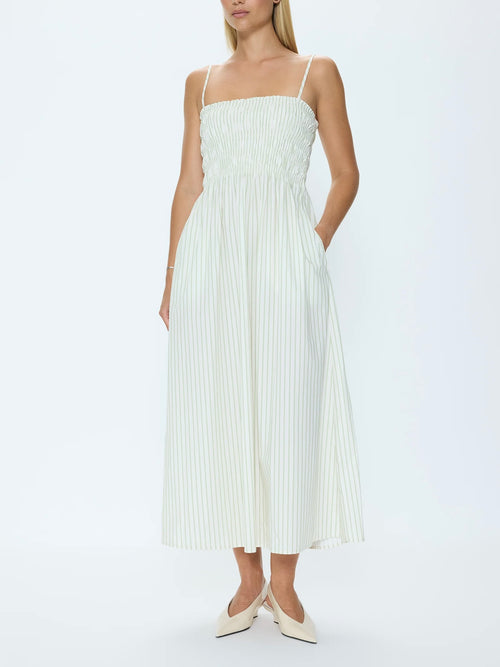 Bianca Smocked Dress in Sage Egret Stripe
