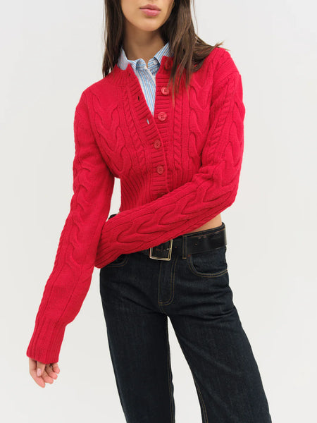 Camille Cable Knit Cardigan in Red