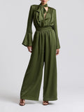 Tie Neck Satin Jumpsuit in Olive
