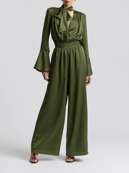 Tie Neck Satin Jumpsuit in Olive