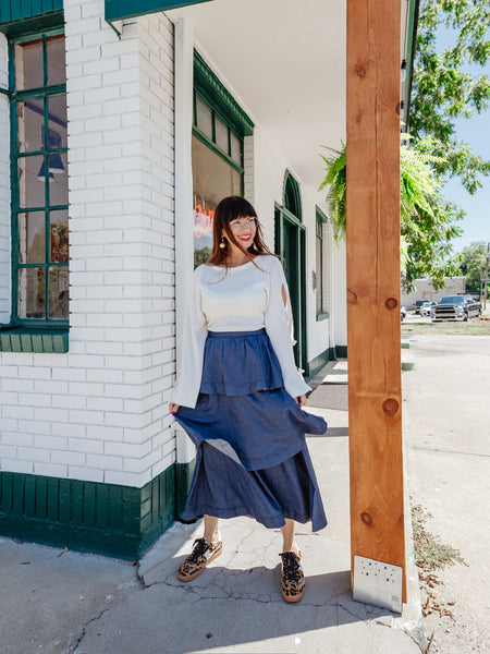 Denim Date Midi Skirt in Blue