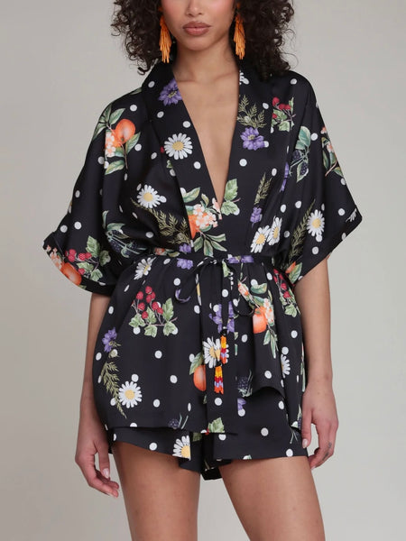 Floral Polka Dot Satin Kimono Top in Black
