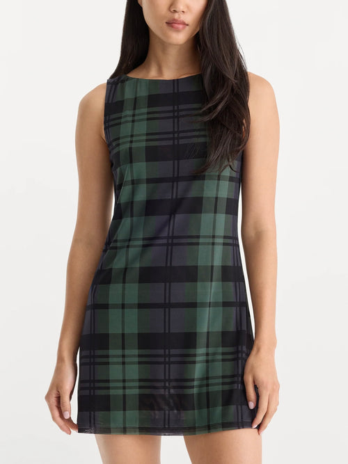 The Mesh Mini Dress in Navy & Green Plaid