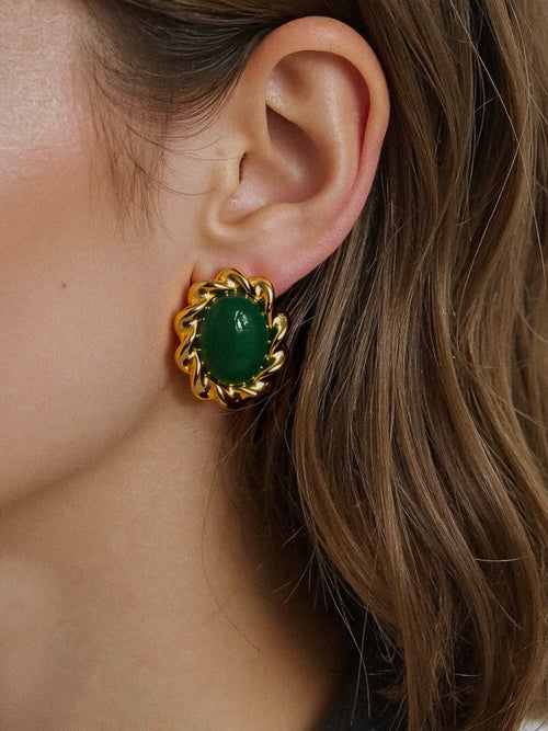 Eulie Oval Stone Earrings in Green