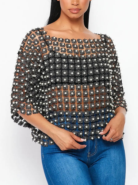 Beads Point Crochet Top in Black