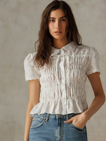 Posh Peplum Blouse in White Floral