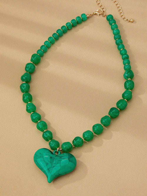 Heart Charm Beaded Necklace in Green