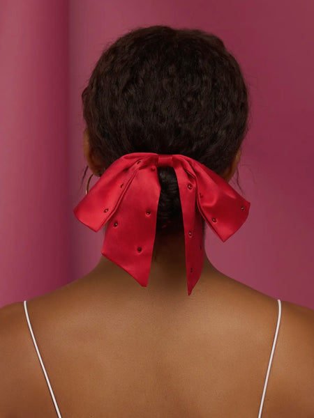 Holiday Satin & Rhinestone Bow Scrunchie