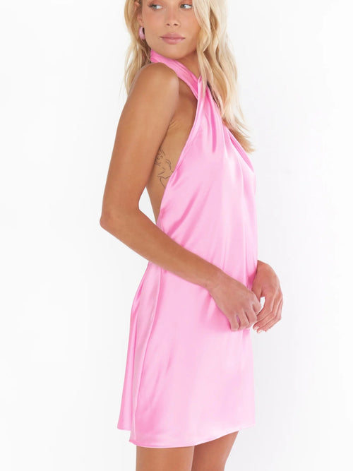 Jasmine Halter Mini Dress in Pink Luxe Satin