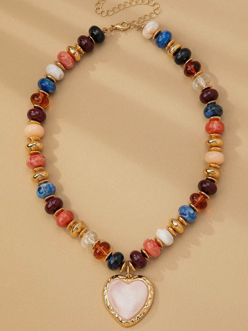 Heart Charm Beaded Necklace in Multi